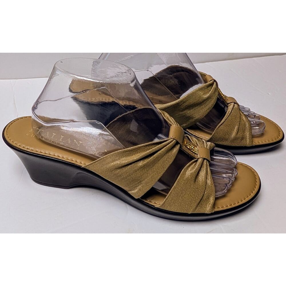 Italian Shoemakers Champagne Gold Sandals WOMENS SIZE 10 Rhinestone Bowtie Wedge - Picture 3 of 7